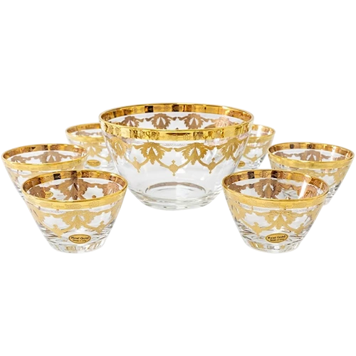 Art Décor Glass Model A292 - Set of 7 Pieces - Macedonia Rialto - Height  7,4 and 14 - Diameter 11,7 and 24 - Capacity 0.45 L and 3.6 L - Design Amalfi Oro - Transparent Gold
