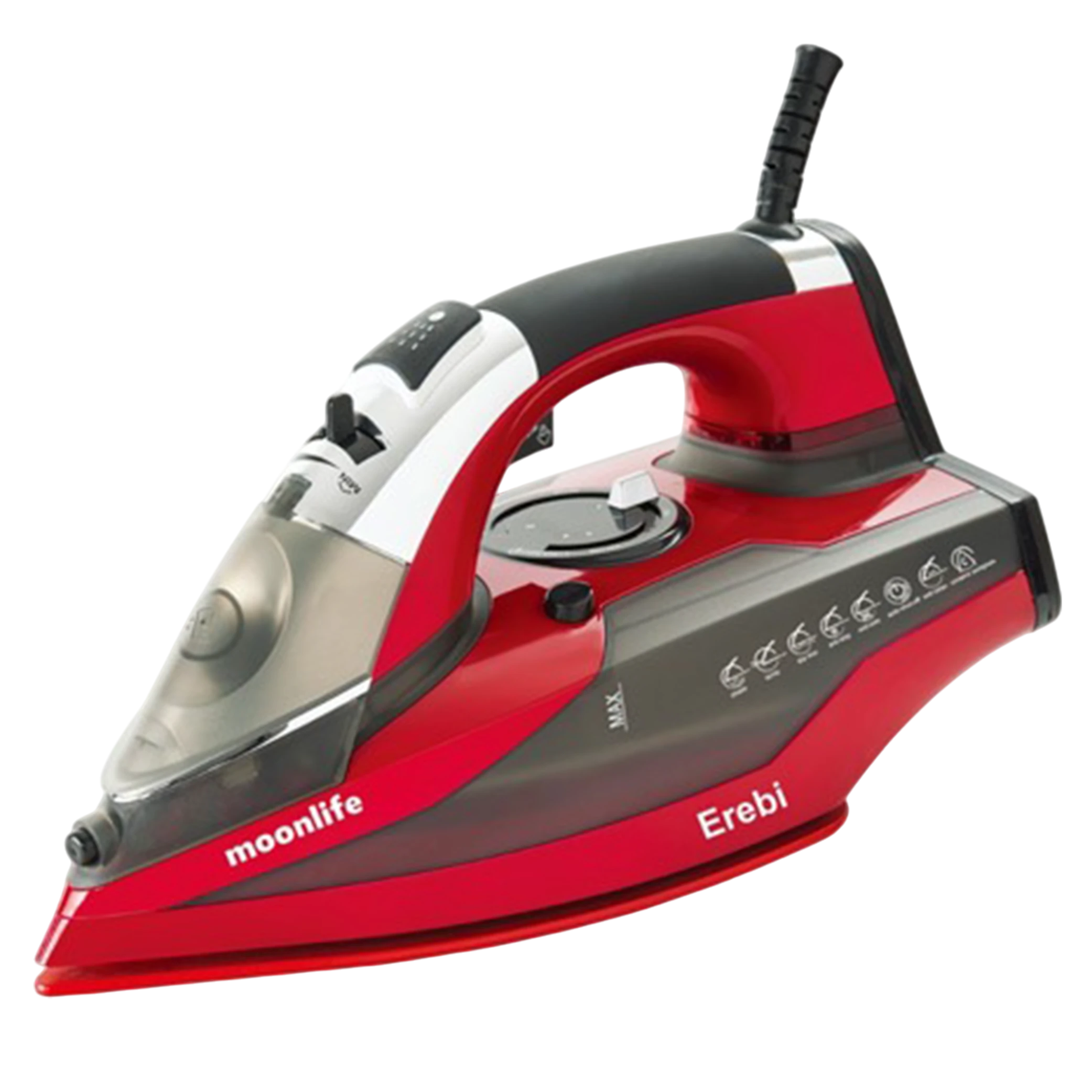 Moonlife Erebi Ceramic Steam Iron MF905 - Ceramic Soleplate - Auto Shut-Off - Vertical Steam - Anti-Drip & Self-Cleaning - Red