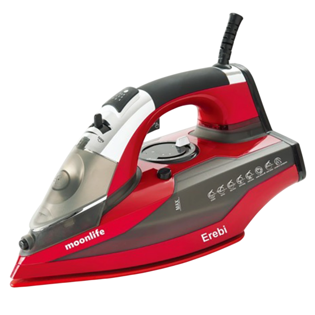 Moonlife Erebi Ceramic Steam Iron MF905 - Ceramic Soleplate - Auto Shut-Off - Vertical Steam - Anti-Drip & Self-Cleaning - Red