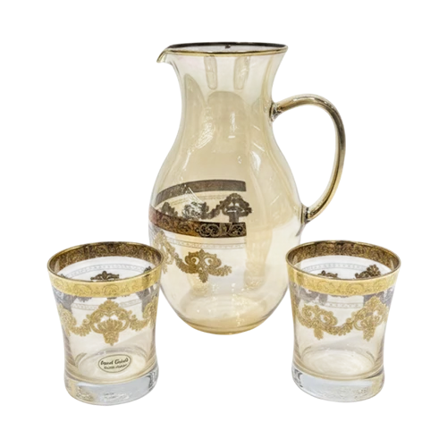 Art Décor Glass Model A1342 - Set of 7 Pieces - Acqua Tina - Glasses Height 8,9 and Diameter 7,3 with Capacity 250 ml - Brocca Picher Height 20 and Diameter 10 - Design New Veneziano Ambra - Gold