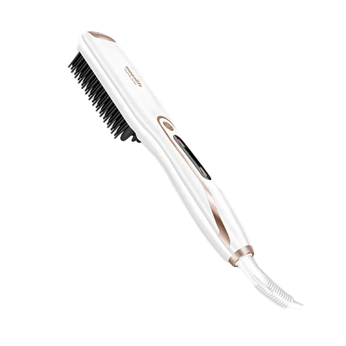 Moonlife PearlLife Hair Straightener Comb MF814 - Ionic Frizz Reduction - Ceramic Coated Bristles - LCD Temperature Display - PTC Fast Heating - White