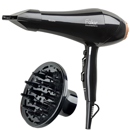 Fakir Noble AC Motor Hair Dryer - 2200 Watts - 3 Heat and 2 Speed Settings - Cool Shot Function - Includes Slim Concentrator & Diffuser - Black