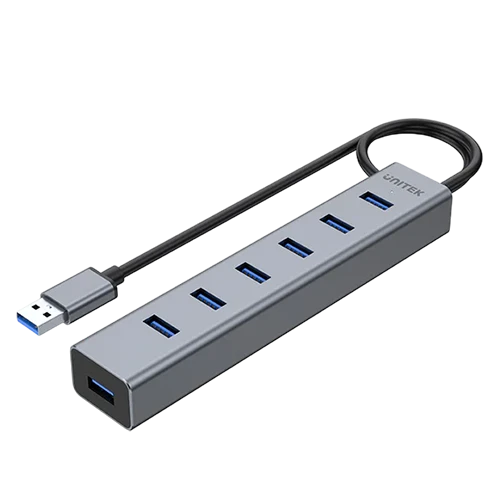 Unitek 7 Ports Powered USB 3.0 Hub Y-3090 - Charging Support - LED Indicators - External Power Adapter - Grey