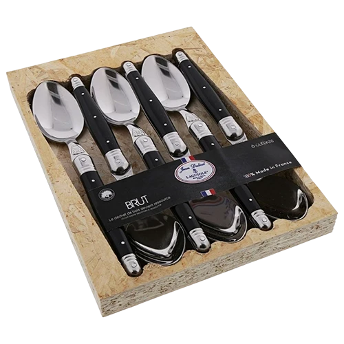 Jean Dubost Table Spoon Set of 6 Pieces - 1.5 mm Laguiole LF ABS Black Handle OSB Open Box No Marking - Brut Range - Black