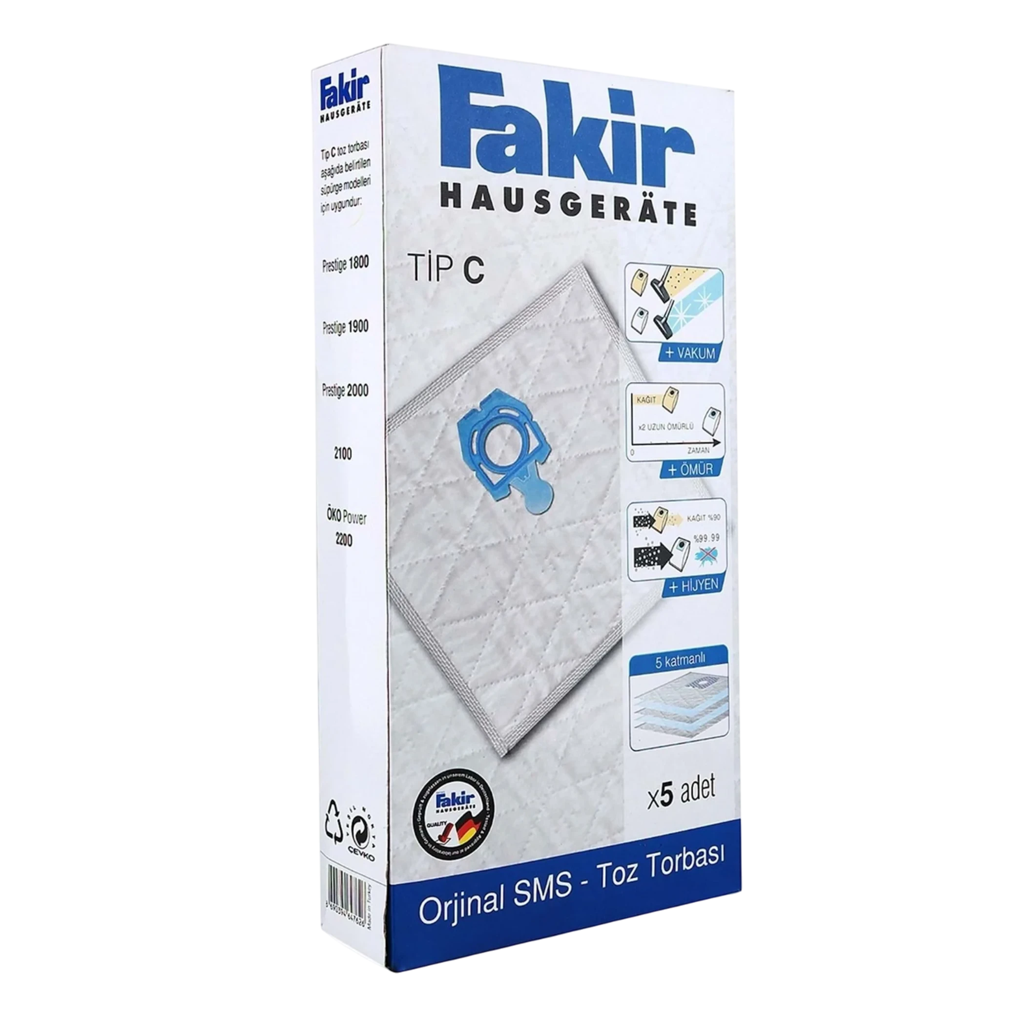Fakir Tip C Replacement Vacuum Bags X5 Adet -  White