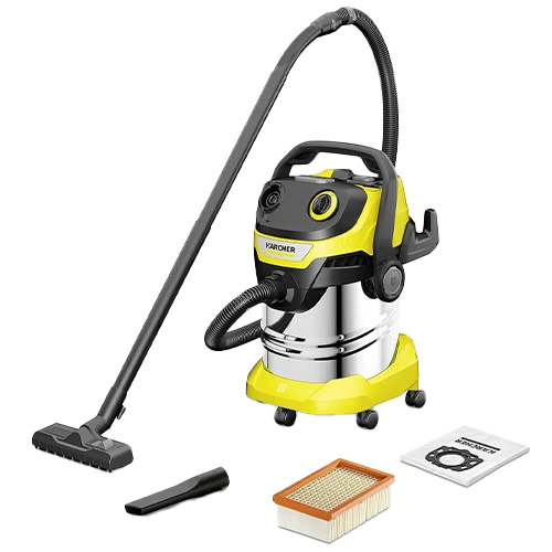 Karcher WD 5 S Drum Vacuum Cleaner - 1200W - 260 mbar Suction - 25L Stainless Steel Tank - Flat Pleated Filter - Automatic Filter Cleaning - Black / Yellow