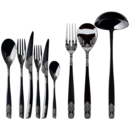 Bugatti Cutleries Riviera Dévoré Black Diamond 75 Pieces Set in Wengé Wood Box IBDDV-051W60MB - Black