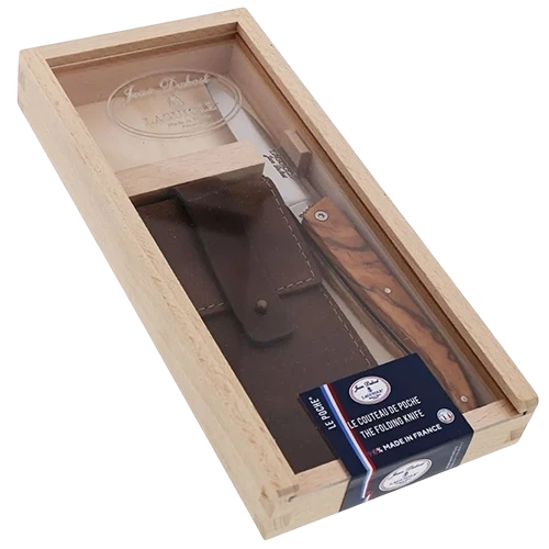 Jean Dubost 1 Pocket Knife Jean Dubost Laguiole le Poche Real Olive Wood Handle Box with Plexi Top + Leather Pouch - Brown