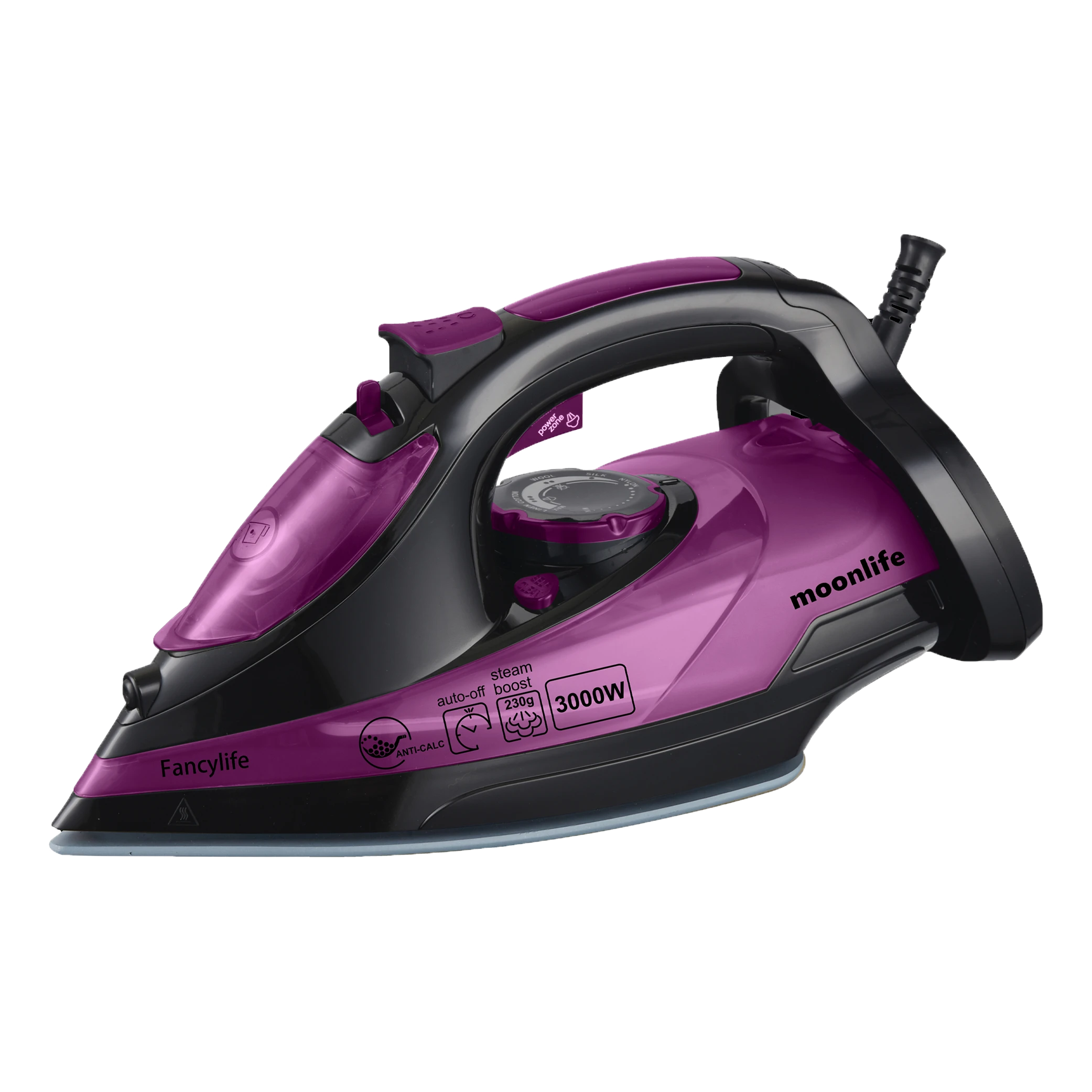 Moonlife Fancylife Steam Iron MF911 - 3000W Power - Nano Ceramic Soleplate - Auto Shut-Off - Anti-Calc & Anti-Drip - Black/Purple