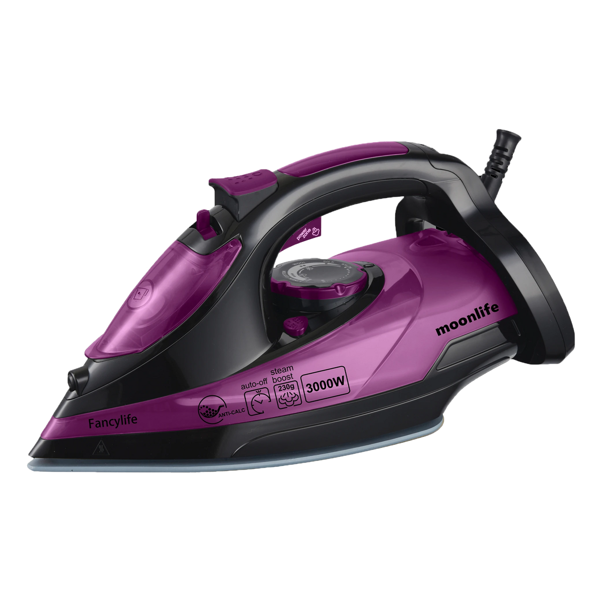 Moonlife Fancylife Steam Iron MF911 - 3000W Power - Nano Ceramic Soleplate - Auto Shut-Off - Anti-Calc & Anti-Drip - Black/Purple