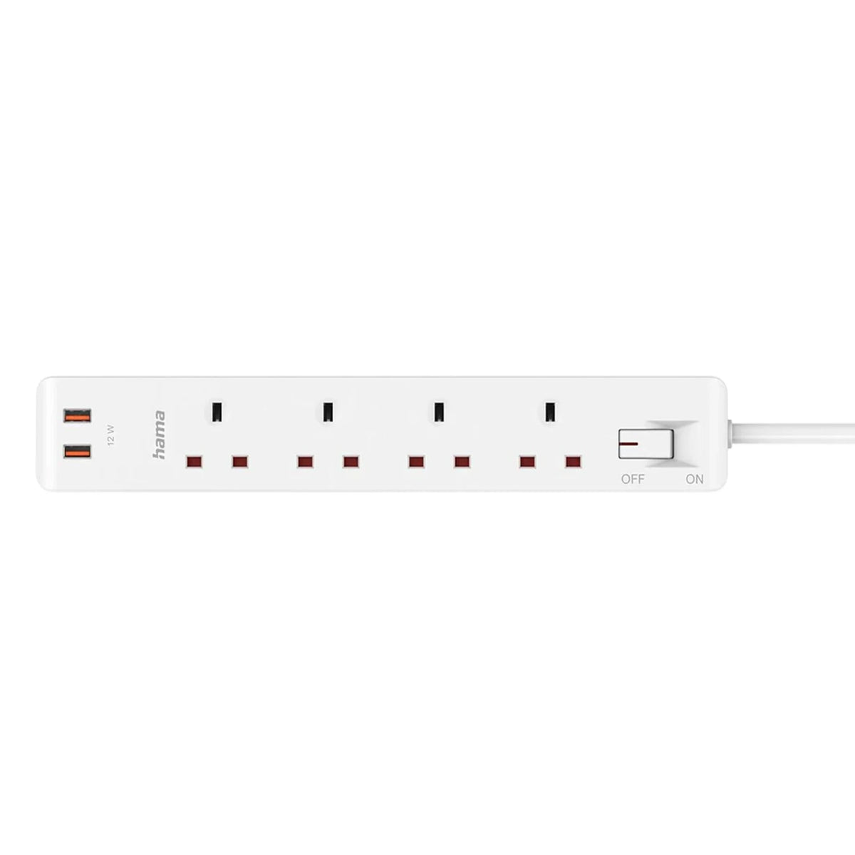 Hama 4-Way UK Socket with Dual USB-A - 12W USB Output - 3m Cable - White